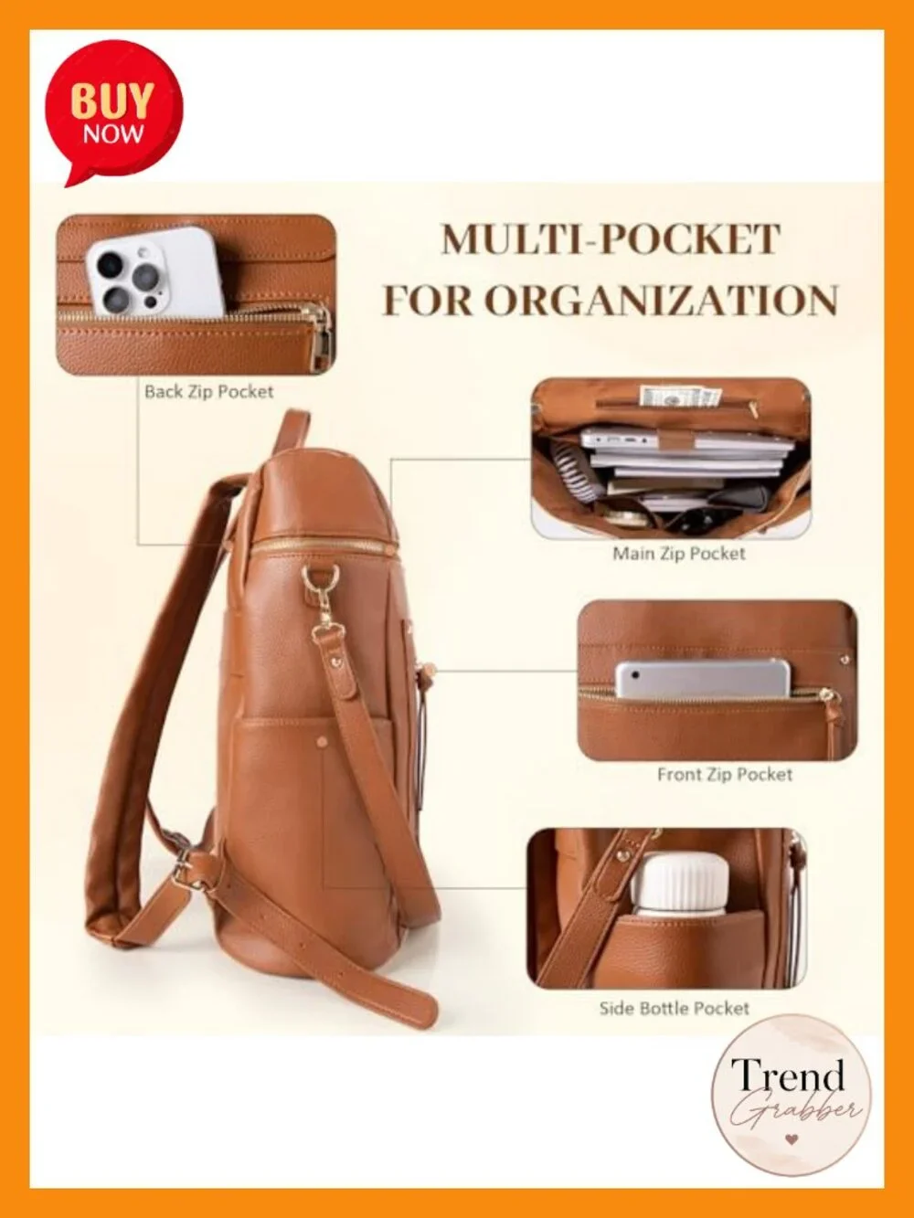 Convertible Leather Laptop Backpack Women Work Travel Bag with Detachable Strap